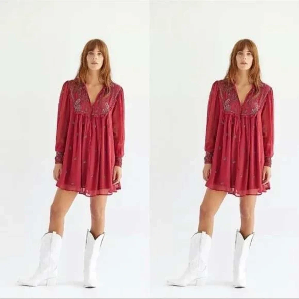 Free People Bali Golden Sun Embellished Beaded Mini Dress Festival Fairy Hippie